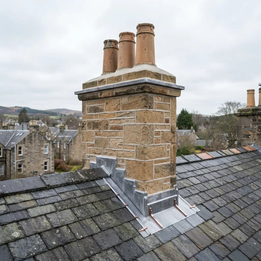A repointed chimney stack with fresh lead flashing