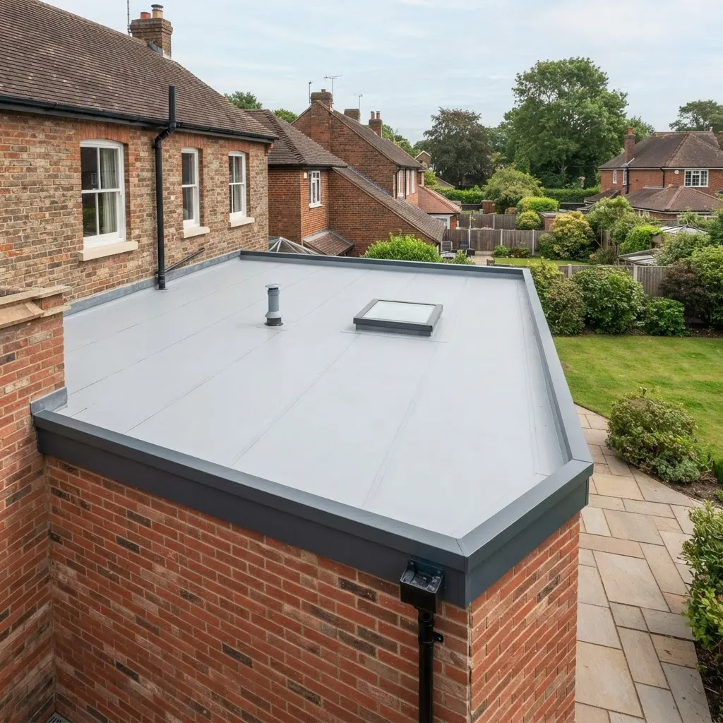 A newly installed flat roof with neat welded seams and trim
