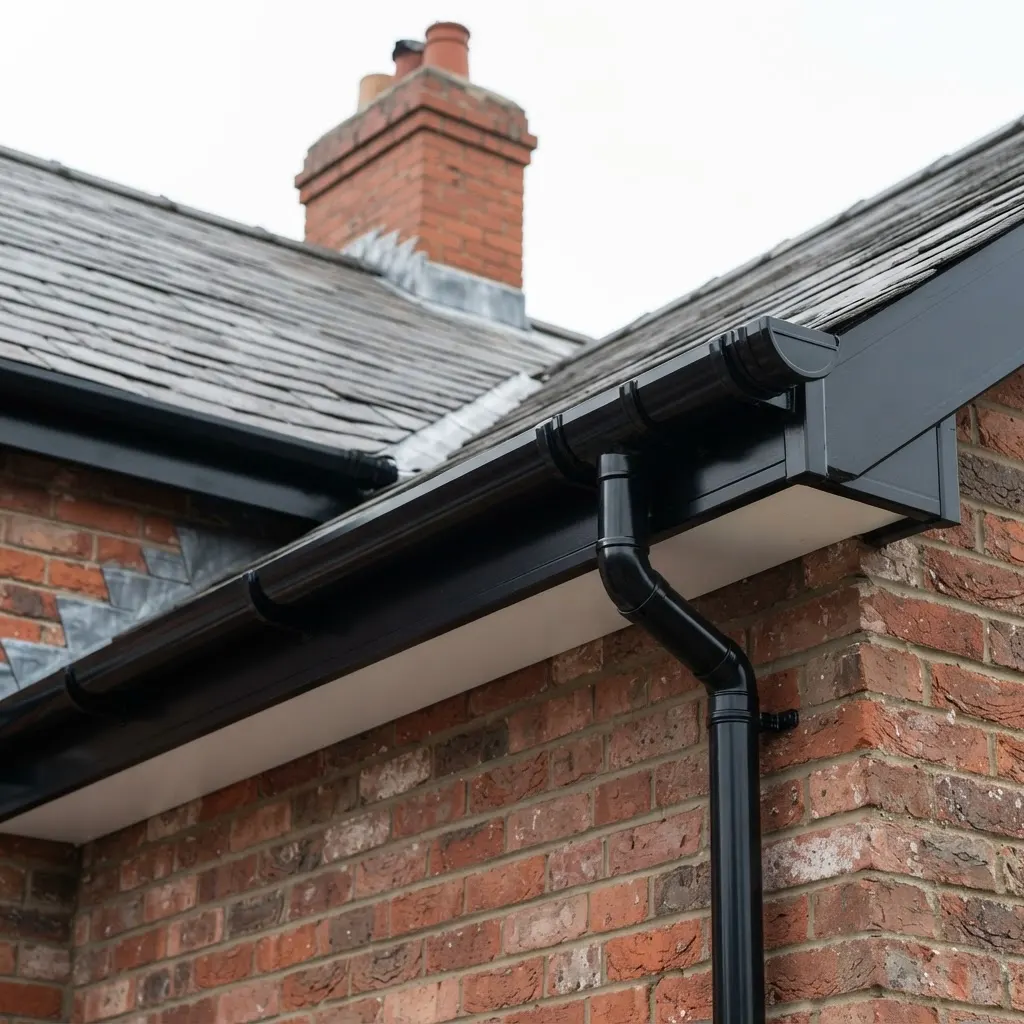Newly fitted guttering and roofline on a house eaves