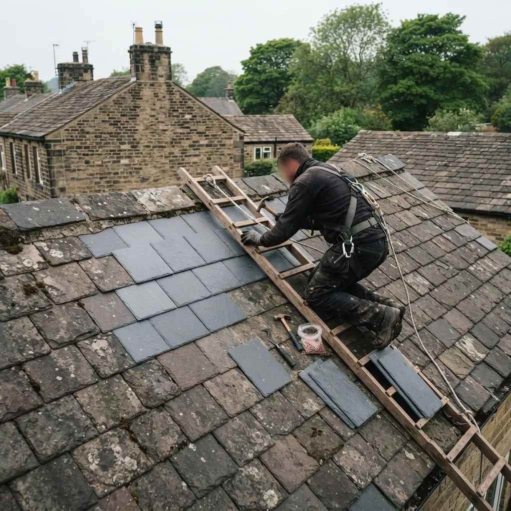 A slate roof repair in progress with replacement slates