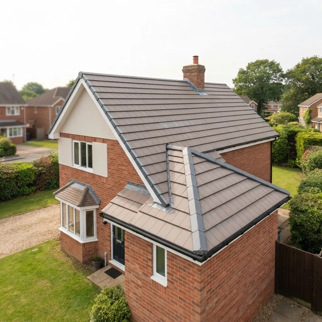 A new tiled roof on a detached house with clean ridge and gable